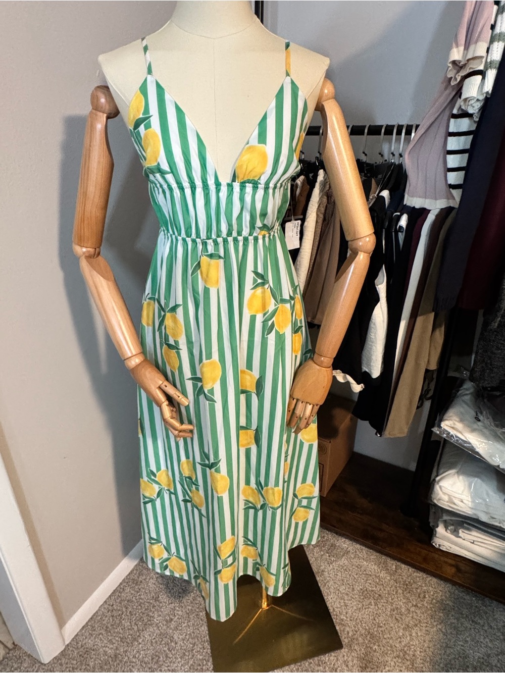 HYFVE Green & Yellow Striped Lemon Print Spaghetti Strap Midi Dress